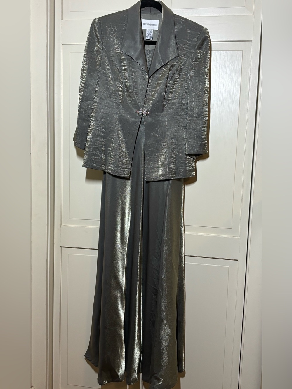 David's Bridal Silver Green Metallic Jacket and Sleeveless Dress Set